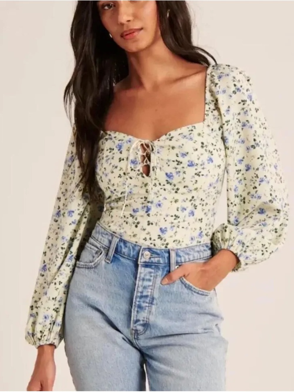 Abercrombie & Fitch Blue Floral Puff Sleeve Sweetheart Top - Size XXS EUC